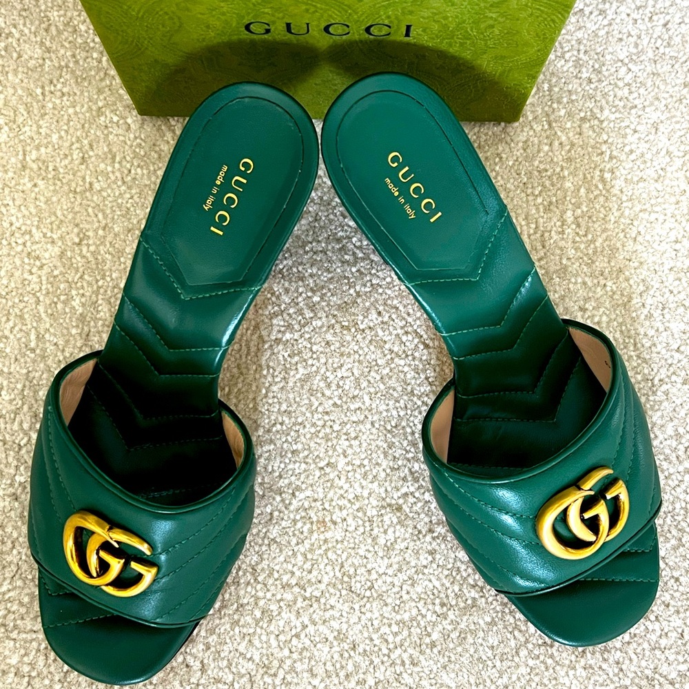 Gucci Green Mules with Gold GG Logo